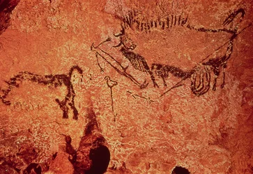 Pintura rupestre de una escena de caza, hacia 17000 a. C. (pintura cavernaria)